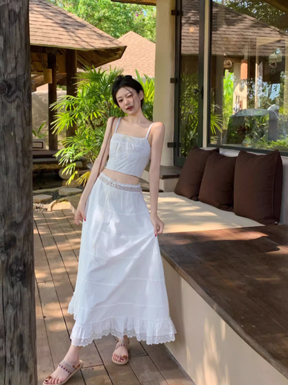 Chic Two-Piece Set Ruffles Hem Island Vacation Maxi Dress Retro Flowy Crop Top Lace-Trimmed Long Dress AP1445