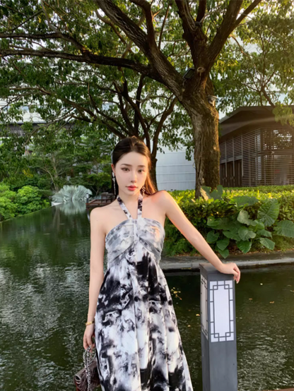 Classical Tie-Dye Flowy Maxi Dress Chic Backless Coastal Trips Loose Fit Halter Long Dress AP1446