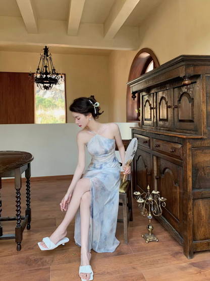 Alluring Watercolor Print Maxi Dress Retro Backless Coastal Trips High-Slit Halter Long Dress AP1447