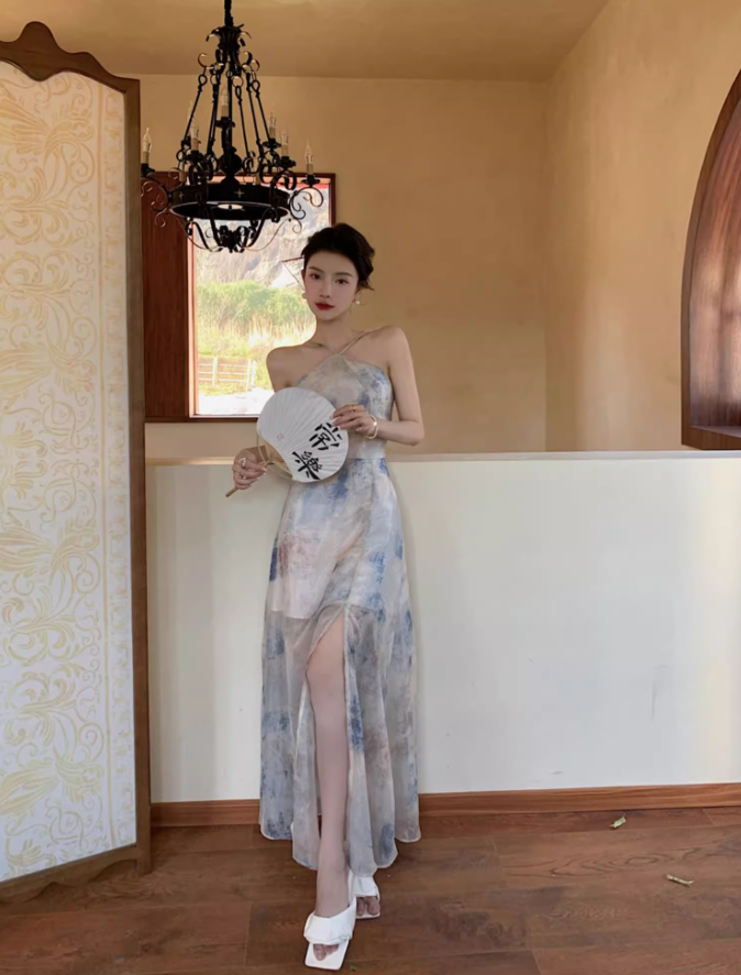 Alluring Watercolor Print Maxi Dress Retro Backless Coastal Trips High-Slit Halter Long Dress AP1447