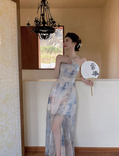 Alluring Watercolor Print Maxi Dress Retro Backless Coastal Trips High-Slit Halter Long Dress AP1447