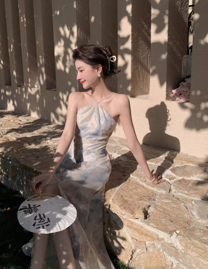Alluring Watercolor Print Maxi Dress Retro Backless Coastal Trips High-Slit Halter Long Dress AP1447