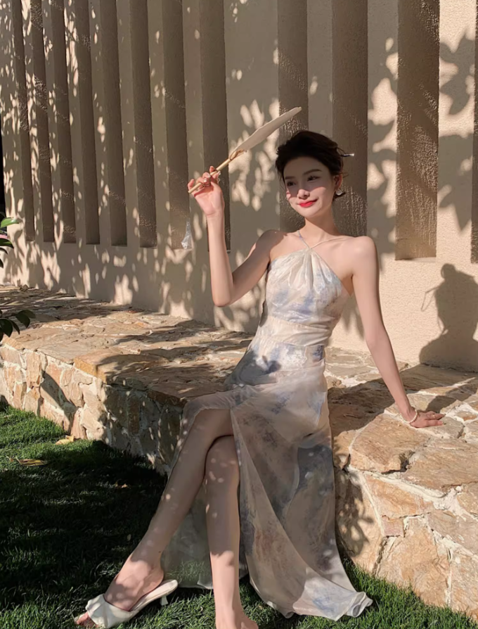 Alluring Watercolor Print Maxi Dress Retro Backless Coastal Trips High-Slit Halter Long Dress AP1447