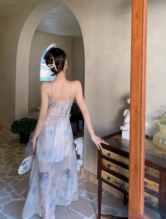 Alluring Watercolor Print Maxi Dress Retro Backless Coastal Trips High-Slit Halter Long Dress AP1447