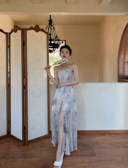 Alluring Watercolor Print Maxi Dress Retro Backless Coastal Trips High-Slit Halter Long Dress AP1447