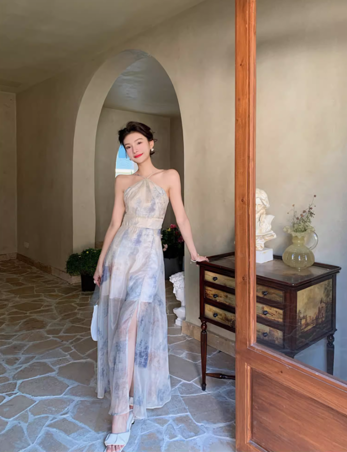 Alluring Watercolor Print Maxi Dress Retro Backless Coastal Trips High-Slit Halter Long Dress AP1447