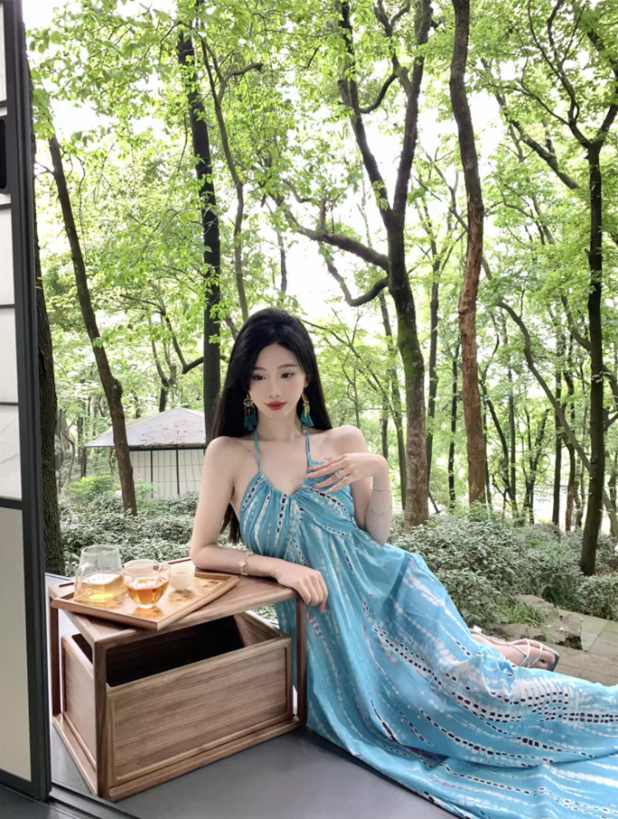 Romantic Blue Tie-Dye Hollow-Out Maxi Dress Versatile Backless Coastal Trips Tie-Strap Halter Long Dress AP1448