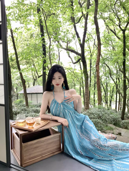 Romantic Blue Tie-Dye Hollow-Out Maxi Dress Versatile Backless Coastal Trips Tie-Strap Halter Long Dress AP1448