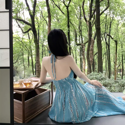 Romantic Blue Tie-Dye Hollow-Out Maxi Dress Versatile Backless Coastal Trips Tie-Strap Halter Long Dress AP1448