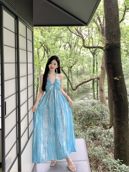 Romantic Blue Tie-Dye Hollow-Out Maxi Dress Versatile Backless Coastal Trips Tie-Strap Halter Long Dress AP1448
