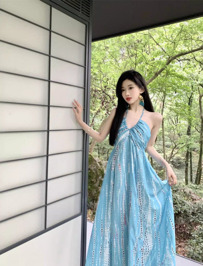 Romantic Blue Tie-Dye Hollow-Out Maxi Dress Versatile Backless Coastal Trips Tie-Strap Halter Long Dress AP1448