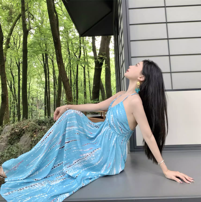 Romantic Blue Tie-Dye Hollow-Out Maxi Dress Versatile Backless Coastal Trips Tie-Strap Halter Long Dress AP1448