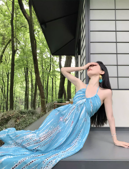 Romantic Blue Tie-Dye Hollow-Out Maxi Dress Versatile Backless Coastal Trips Tie-Strap Halter Long Dress AP1448