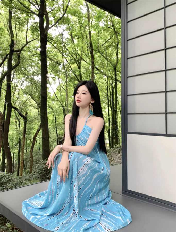 Romantic Blue Tie-Dye Hollow-Out Maxi Dress Versatile Backless Coastal Trips Tie-Strap Halter Long Dress AP1448