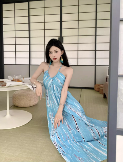Romantic Blue Tie-Dye Hollow-Out Maxi Dress Versatile Backless Coastal Trips Tie-Strap Halter Long Dress AP1448