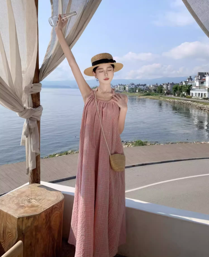 Cute Pink Plaid Casual Flowy Maxi Dress Versatile Beach Vacays Tie-Back Halter Long Dress AP1449