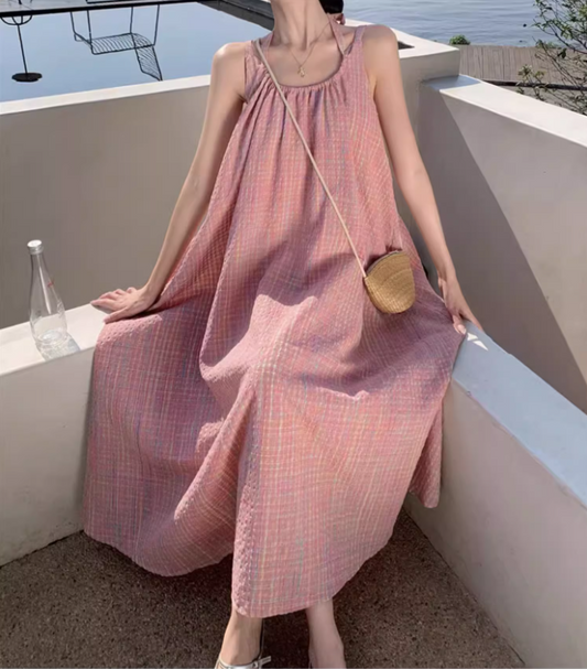 Cute Pink Plaid Casual Flowy Maxi Dress Versatile Beach Vacays Tie-Back Halter Long Dress AP1449