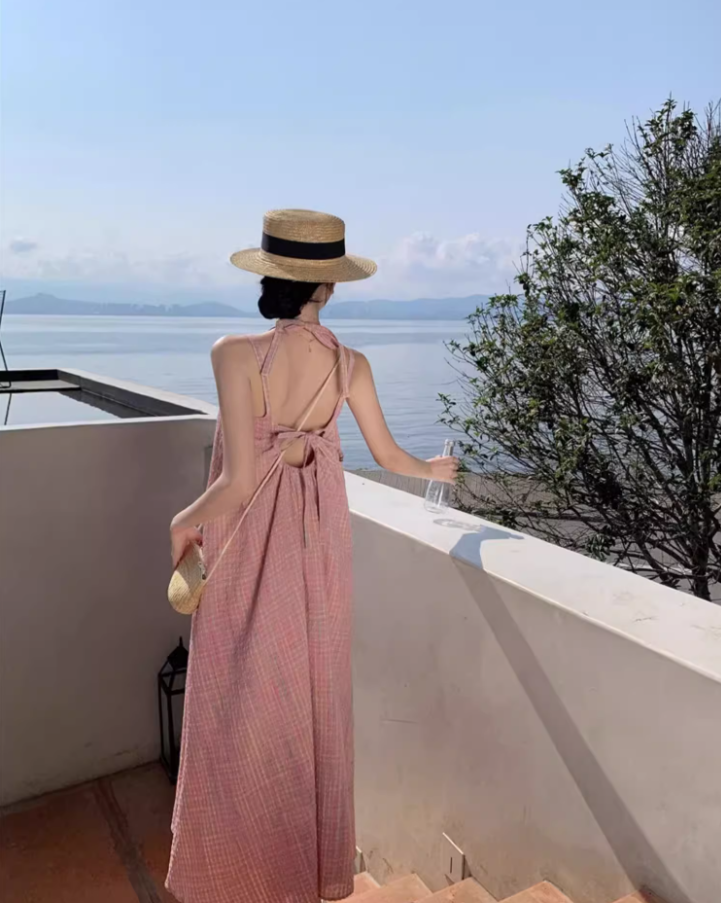 Cute Pink Plaid Casual Flowy Maxi Dress Versatile Beach Vacays Tie-Back Halter Long Dress AP1449