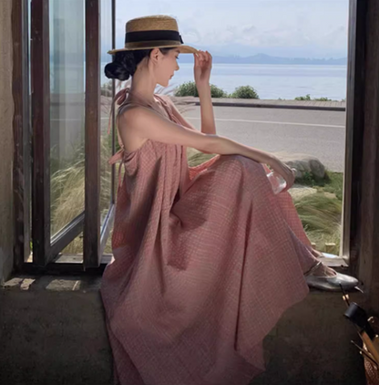 Cute Pink Plaid Casual Flowy Maxi Dress Versatile Beach Vacays Tie-Back Halter Long Dress AP1449