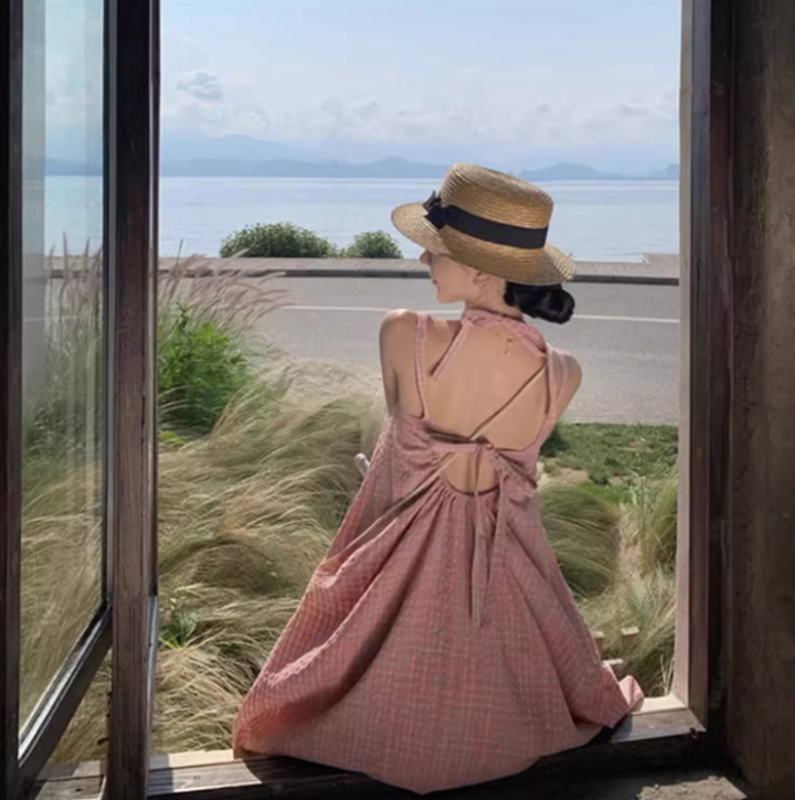 Cute Pink Plaid Casual Flowy Maxi Dress Versatile Beach Vacays Tie-Back Halter Long Dress AP1449