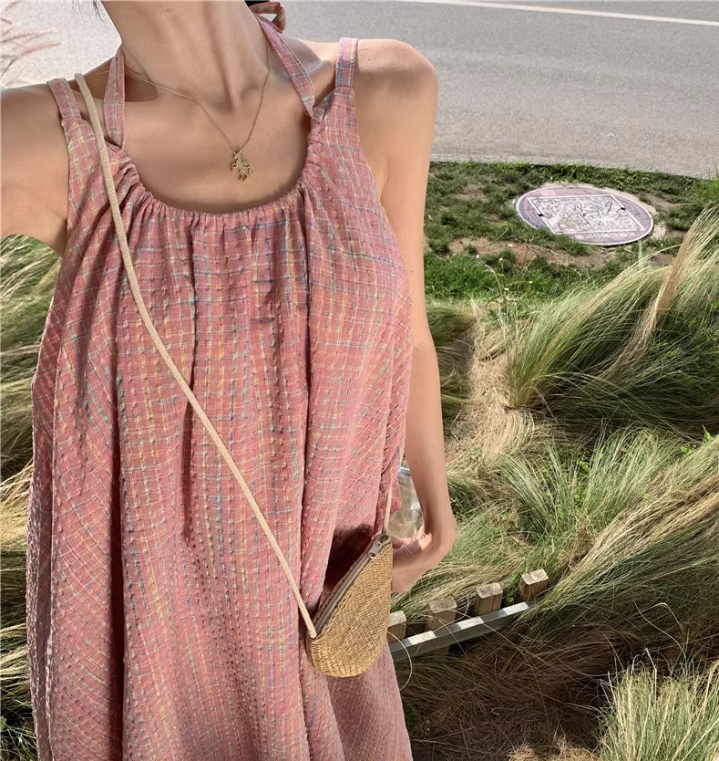 Cute Pink Plaid Casual Flowy Maxi Dress Versatile Beach Vacays Tie-Back Halter Long Dress AP1449