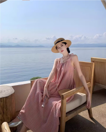 Cute Pink Plaid Casual Flowy Maxi Dress Versatile Beach Vacays Tie-Back Halter Long Dress AP1449