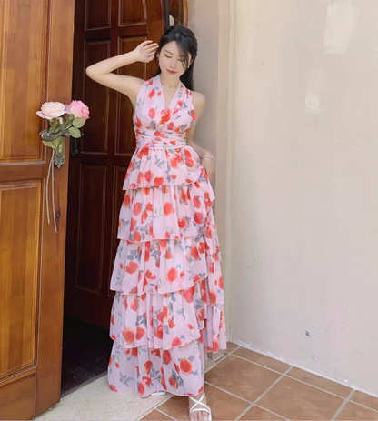 Romantic Pink Floral Print Flowy Maxi Dress Casual Beach Vacays Tiered Ruffle Hem Halter Long Dress AP1450