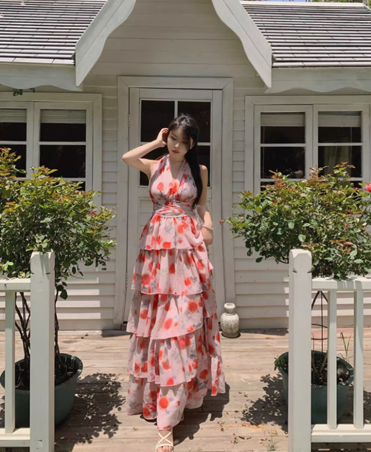 Romantic Pink Floral Print Flowy Maxi Dress Casual Beach Vacays Tiered Ruffle Hem Halter Long Dress AP1450