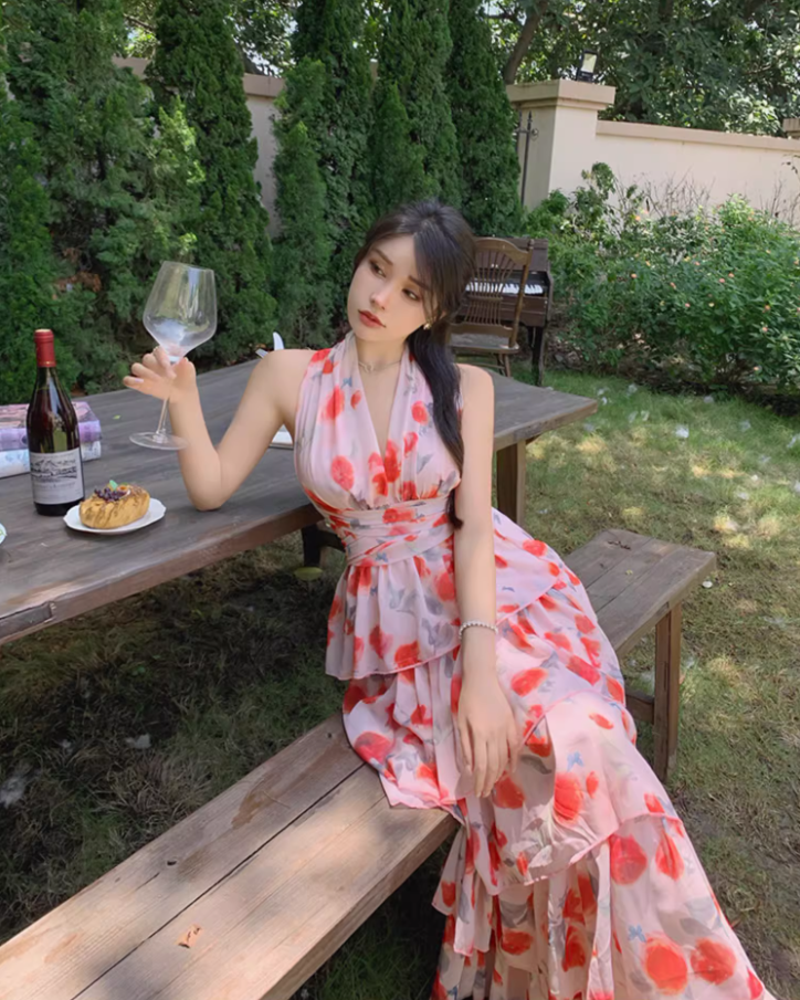Romantic Pink Floral Print Flowy Maxi Dress Casual Beach Vacays Tiered Ruffle Hem Halter Long Dress AP1450
