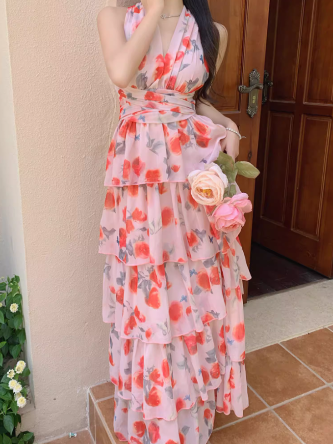 Romantic Pink Floral Print Flowy Maxi Dress Casual Beach Vacays Tiered Ruffle Hem Halter Long Dress AP1450