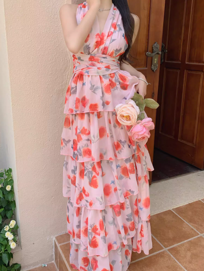 Romantic Pink Floral Print Flowy Maxi Dress Casual Beach Vacays Tiered Ruffle Hem Halter Long Dress AP1450