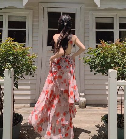 Romantic Pink Floral Print Flowy Maxi Dress Casual Beach Vacays Tiered Ruffle Hem Halter Long Dress AP1450