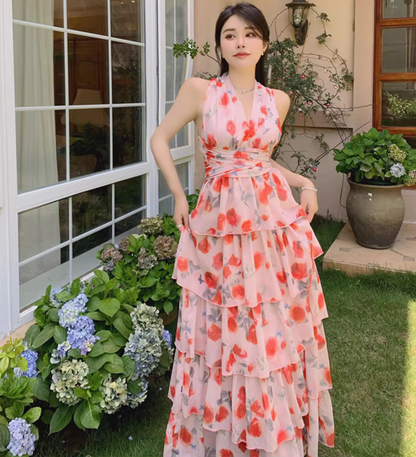 Romantic Pink Floral Print Flowy Maxi Dress Casual Beach Vacays Tiered Ruffle Hem Halter Long Dress AP1450
