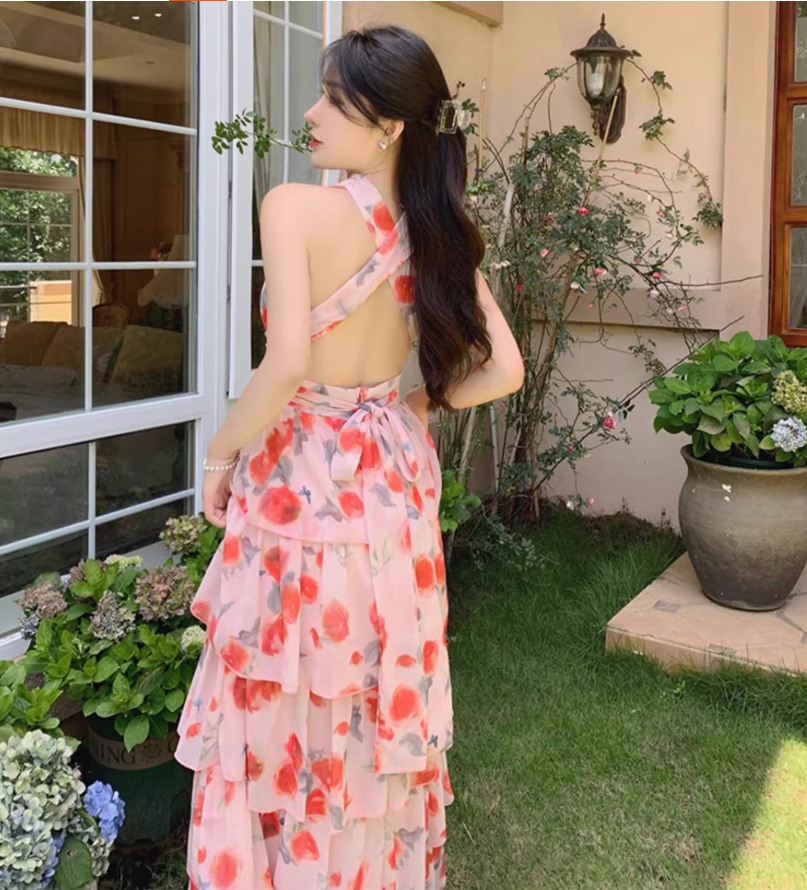 Romantic Pink Floral Print Flowy Maxi Dress Casual Beach Vacays Tiered Ruffle Hem Halter Long Dress AP1450