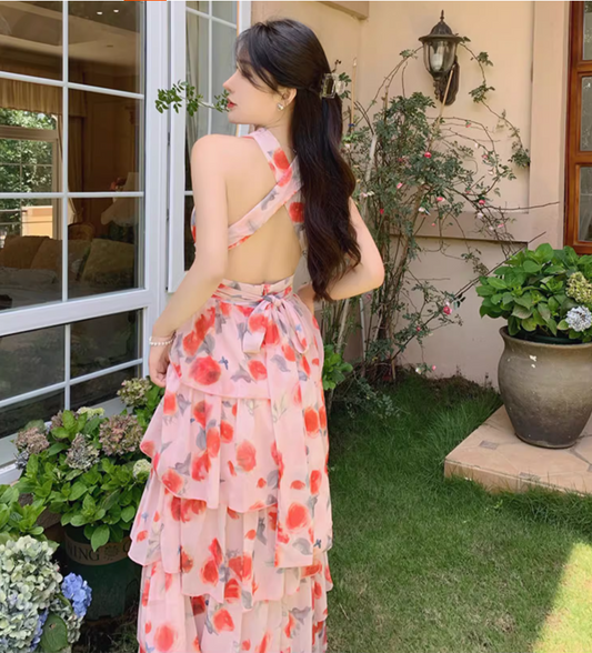 Romantic Pink Floral Print Flowy Maxi Dress Casual Beach Vacays Tiered Ruffle Hem Halter Long Dress AP1450
