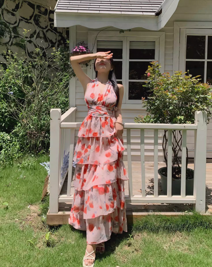Romantic Pink Floral Print Flowy Maxi Dress Casual Beach Vacays Tiered Ruffle Hem Halter Long Dress AP1450