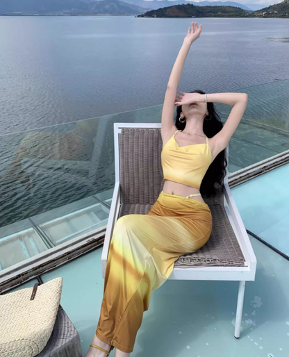 Chic Hot Girls Yellow Ombre Two-Piece Maxi Dress Vibrant Mermaid Cowl Neck Crop Top Backless Halter Long Dress AP1452