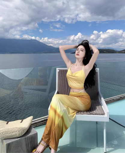 Chic Hot Girls Yellow Ombre Two-Piece Maxi Dress Vibrant Mermaid Cowl Neck Crop Top Backless Halter Long Dress AP1452