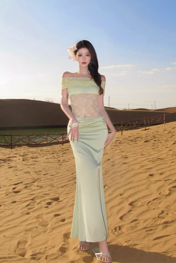 Charming Off-Shoulder Lace Splicing Cowl Neck Maxi Dress Vibrant Hot Girls Bodycon Lustrous Fabric Mermaid Long Dress AP1453