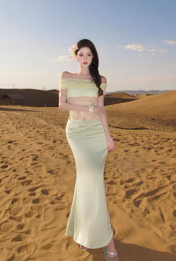 Charming Off-Shoulder Lace Splicing Cowl Neck Maxi Dress Vibrant Hot Girls Bodycon Lustrous Fabric Mermaid Long Dress AP1453