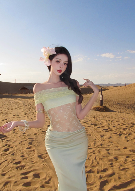 Charming Off-Shoulder Lace Splicing Cowl Neck Maxi Dress Vibrant Hot Girls Bodycon Lustrous Fabric Mermaid Long Dress AP1453