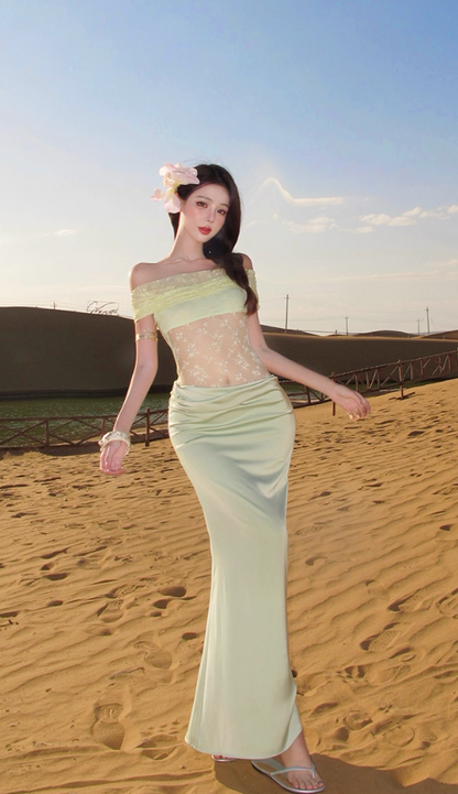 Charming Off-Shoulder Lace Splicing Cowl Neck Maxi Dress Vibrant Hot Girls Bodycon Lustrous Fabric Mermaid Long Dress AP1453