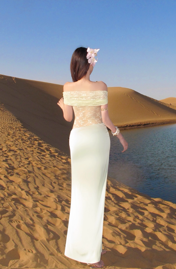 Charming Off-Shoulder Lace Splicing Cowl Neck Maxi Dress Vibrant Hot Girls Bodycon Lustrous Fabric Mermaid Long Dress AP1453