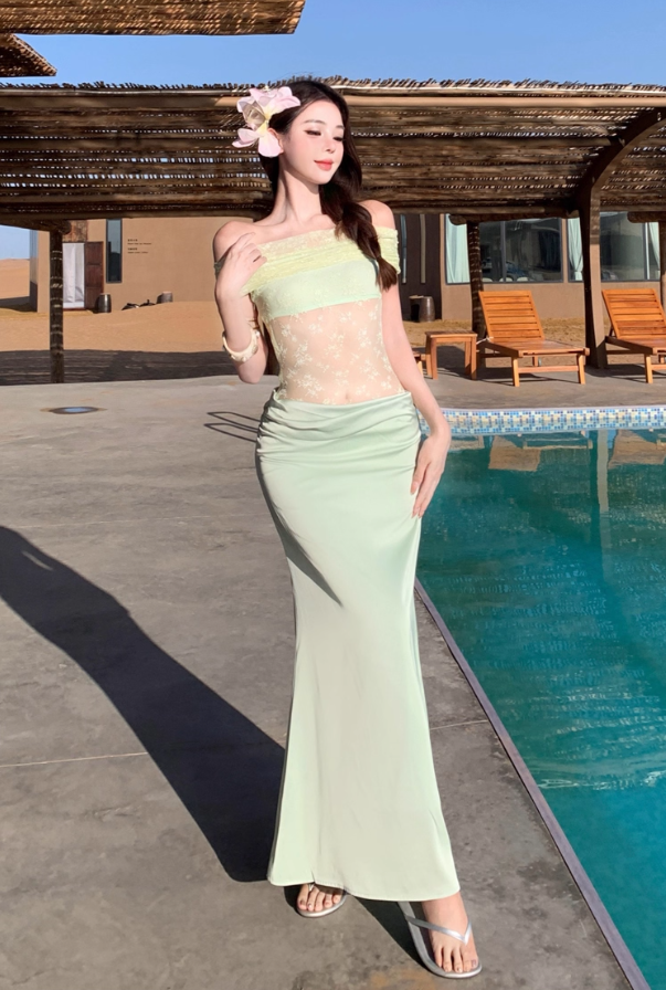 Charming Off-Shoulder Lace Splicing Cowl Neck Maxi Dress Vibrant Hot Girls Bodycon Lustrous Fabric Mermaid Long Dress AP1453