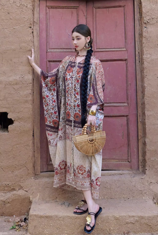 Vintage Ethnic Print Batwing Kaftan Maxi Dress Boho Style Outfit Desert Vacays Long Dress AP1454