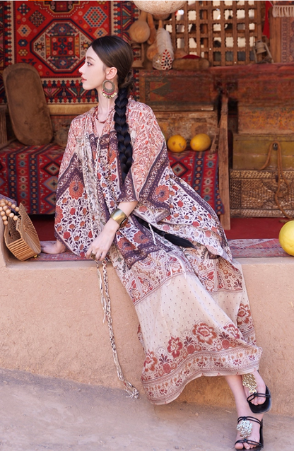 Vintage Ethnic Print Batwing Kaftan Maxi Dress Boho Style Outfit Desert Vacays Long Dress AP1454