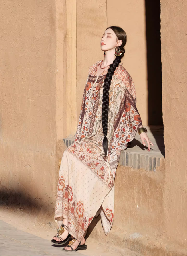 Vintage Ethnic Print Batwing Kaftan Maxi Dress Boho Style Outfit Desert Vacays Long Dress AP1454