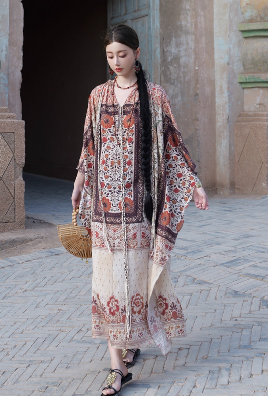 Vintage Ethnic Print Batwing Kaftan Maxi Dress Boho Style Outfit Desert Vacays Long Dress AP1454