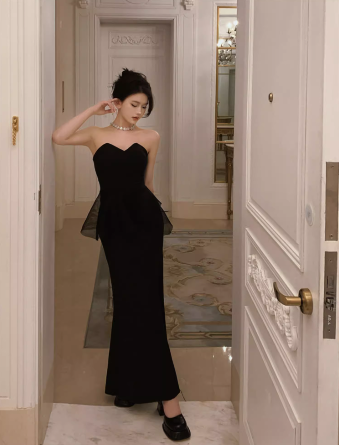 Classical Sheer Tulle Splicing High-Slit Maxi Dress Sexy Black Strapless Sheath Mermaid Long Dress AP1455