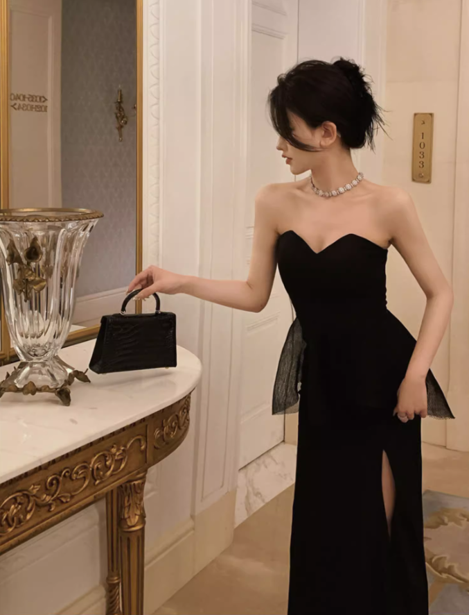 Classical Sheer Tulle Splicing High-Slit Maxi Dress Sexy Black Strapless Sheath Mermaid Long Dress AP1455